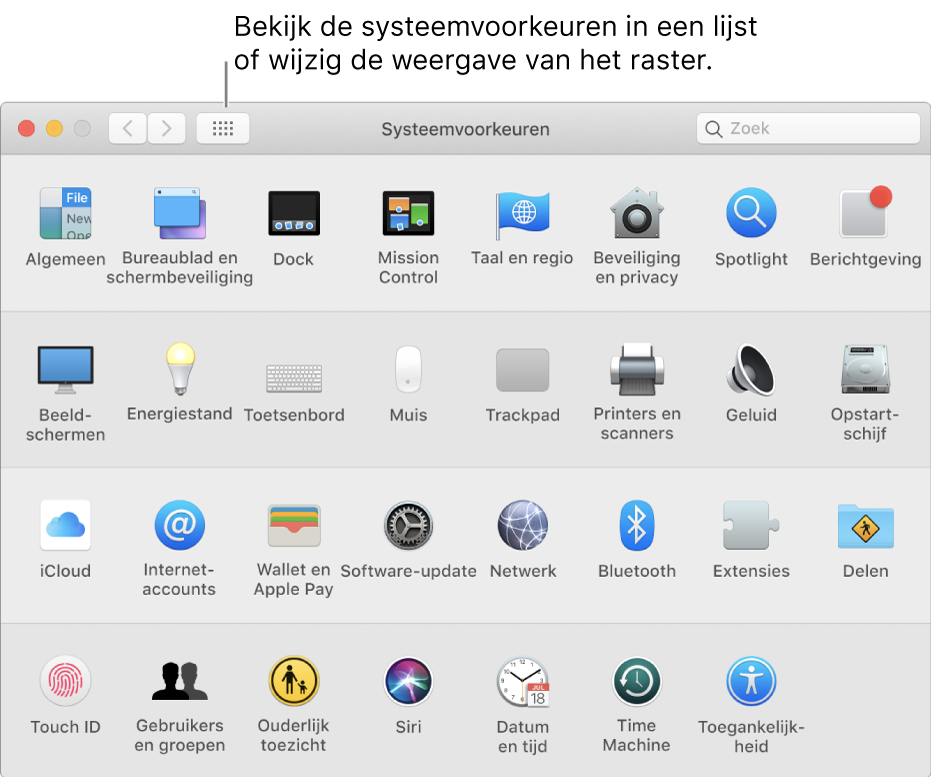 Het venster 'Systeemvoorkeuren' met het raster met symbolen. Klik op de knop 'Toon alles' in de knoppenbalk van het venster om de systeemvoorkeuren in een lijst weer te geven, of om de weergave van het raster te wijzigen.