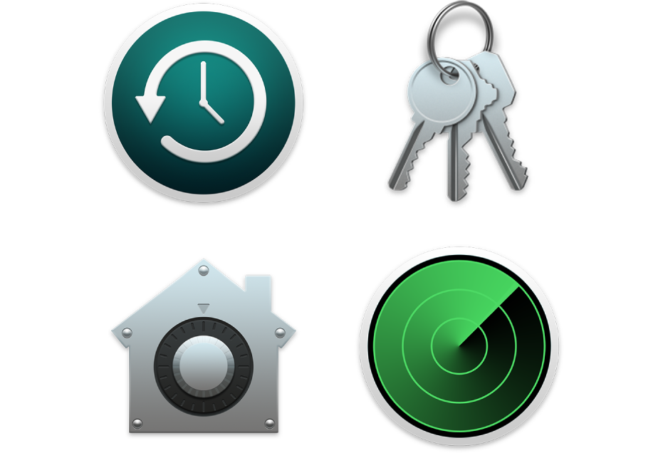 Symbolen voor beveiligingsvoorzieningen waarmee je je gegevens en je Mac kunt beschermen.