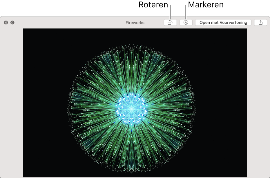 Een afbeelding in het venster van Snelle weergave met knoppen om de afbeelding te roteren of markeren, te openen in het programma Voorvertoning of te delen.