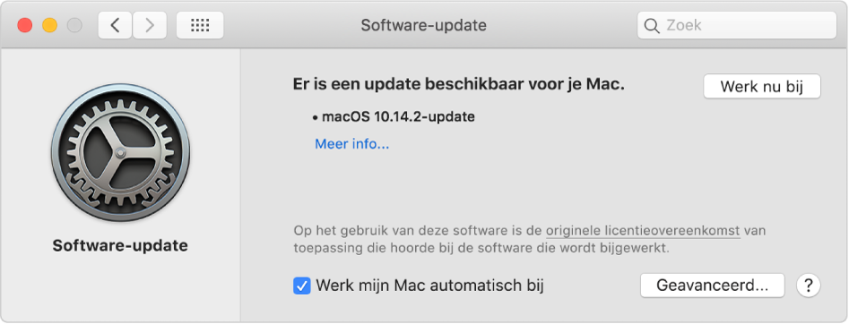 Het paneel 'Software-update' in Systeemvoorkeuren met de melding dat er een update beschikbaar is.