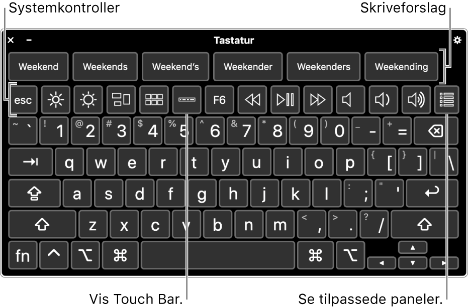 Tilgjengelighetstastaturet med skriveforslag øverst. Under er en rad med knapper for systemkontroller for å gjøre ting som å justere skjermlysstyrken, vise Touch Bar på skjermen, og vise tilpassede paneler.