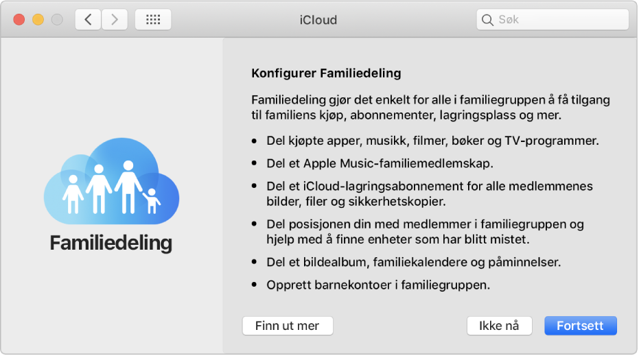 Familiedeling-konfigureringspanelet i iCloud-valg.