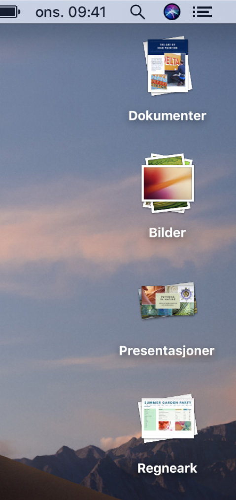 Et Mac-skrivebord med fire stabler – til dokumenter, bilder, presentasjoner og regneark – langs høyre kant på skjermen.