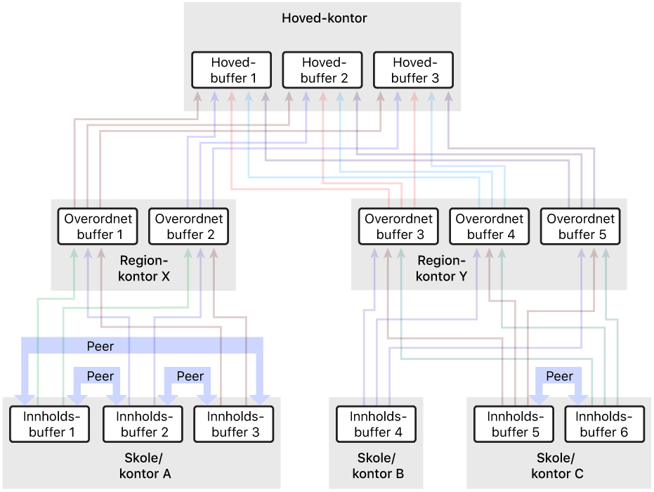 Et nettverk med mange innholdsbuffere, organisert i et hierarki med tre nivåer som har overordnede og over-overordnede innholdsbuffere. Kun innholdsbufferne på laveste nivå i hierarkiet har peer-enheter definert.