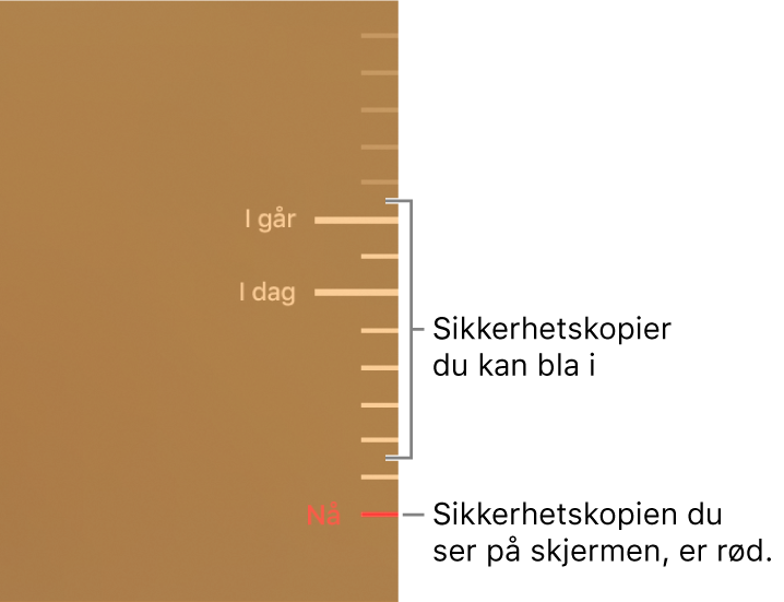 Aksemerker i sikkerhetskopitidslinjen. Det røde merket viser sikkerhetskopien du navigerer i.