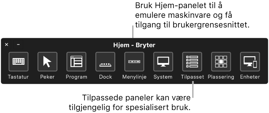 Hjem-panelet for Bryterkontroll inneholder knapper for å styre, fra venstre til høyre, tastatur, markør, program, Dock, menylinje, systemkontroller, tilpassede paneler, skjermplassering og andre enheter.