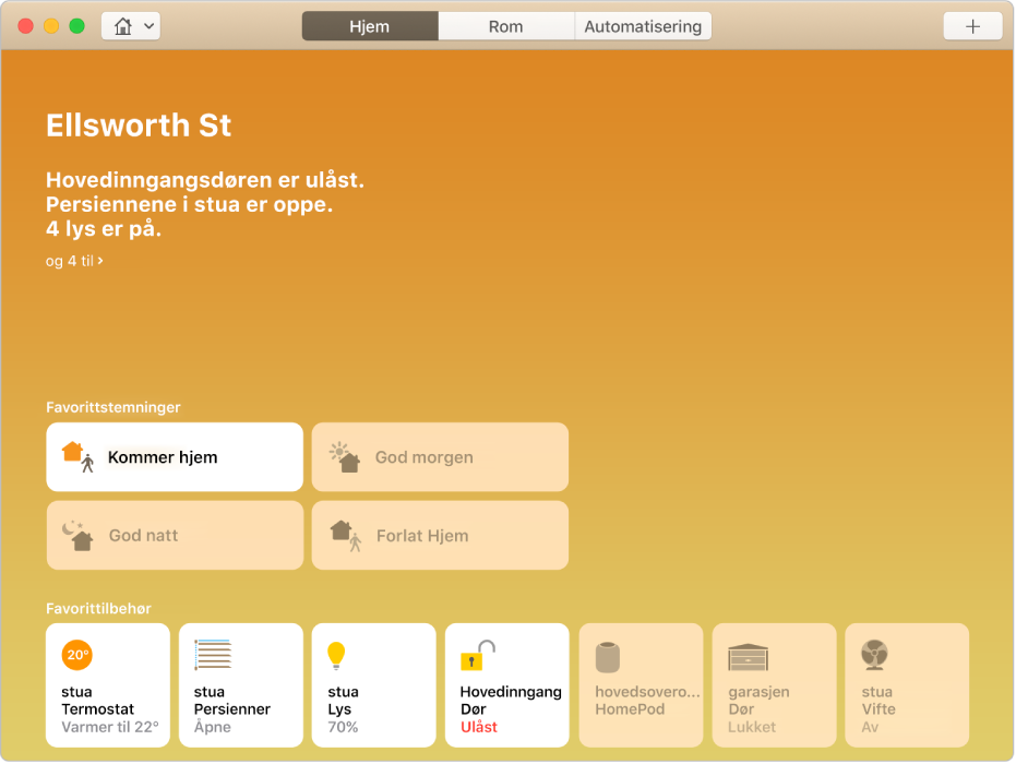 Hjem-skjermen viser statusen til inngangsdøren (ulåst), persiennene i stuen (åpne) og annet. Knapper for diverse favorittstemninger og favorittilbehør vises også.