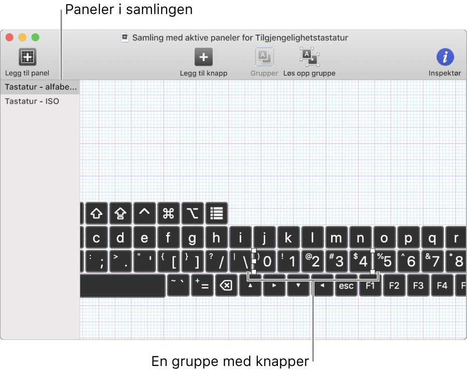 En del av et panelsamling-vindu som viser en liste over tilpassede paneler til venstre, og knapper og grupper i et tastatur-panel til høyre.