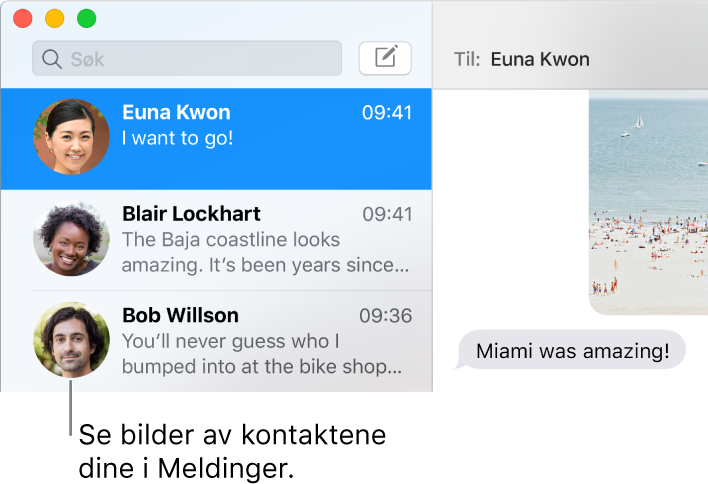 Sidepanelet i Meldinger-programmer med bilder av personer med tilhørende navn.