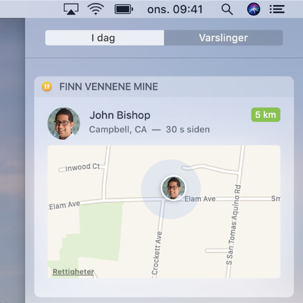 Finn venner-widgeten i dagsoversikten i Varslingssenter som viser posisjonen til en venn på et kart.