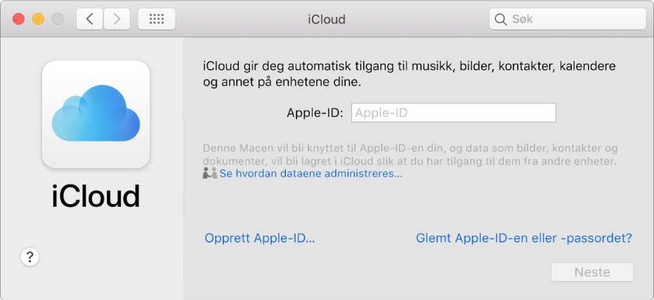 iCloud-valgpanelet, klart for innskriving av et Apple-ID-navn og -passord.