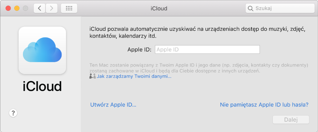 Preferencje iCloud, w których można wprowadzić Apple ID oraz hasło.
