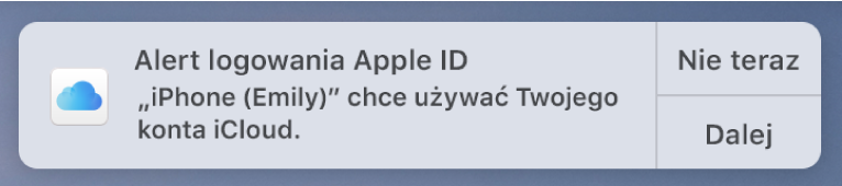 Powiadomienie na urządzeniu, zawierające prośbę o potwierdzenie dostępu do pęku kluczy iCloud.