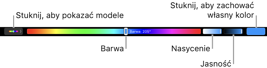 Pasek Touch Bar z suwakami barwy, nasycenia i jasności w modelu HSB. Po lewej stronie widoczny jest przycisk wyświetlający wszystkie profile, natomiast po prawej znajduje się przycisk pozwalający na zachowanie własnego koloru.