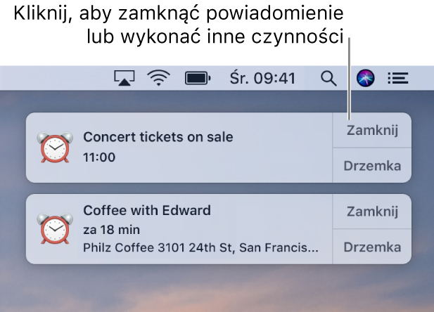 Powiadomienia z aplikacji Kalendarz, wyświetlane w prawym górnym rogu ekranu.