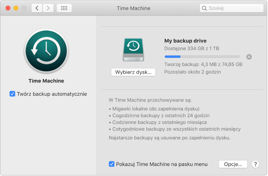 Preferencje Time Machine, pokazujące postęp wykonywania backupu na dysku zewnętrznym.