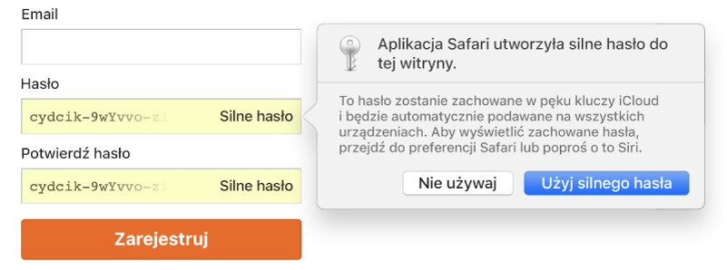 Alert w aplikacji Safari, informujący o utworzeniu silnego hasła dostępu do witryny i zachowaniu go w pęku kluczy iCloud.