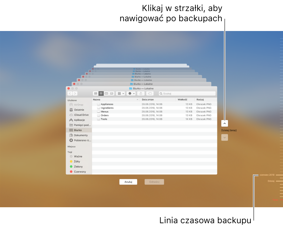 Po otworzeniu Time Machine pojawia się zamazany ekran ze stosem wielu ekranów Findera, reprezentujących backupy. Kliknij w strzałki, aby nawigować po backupach (lub kliknij w linię czasową po prawej), a następnie wybierz pliki do odtworzenia.