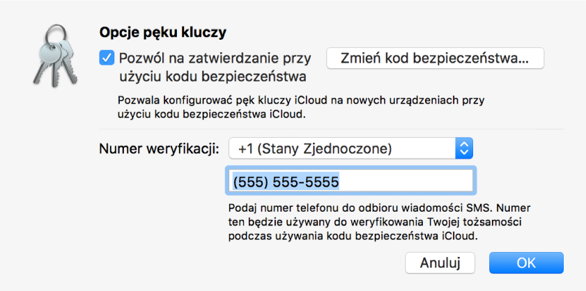 Okno dialogowe opcji pęku kluczy iCloud. Zaznaczona jest opcja pozwalająca na akceptowanie przy użyciu kodu bezpieczeństwa, widoczny jest przycisk do zmieniania kodu bezpieczeństwa oraz pola do zmieniania numeru weryfikacyjnego.