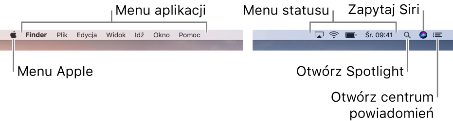 Pasek menu. Po lewej znajduje się menu Apple oraz menu aplikacji. Po prawej umieszczone są menu statusu oraz ikony Spotlight, Siri i centrum powiadomień.