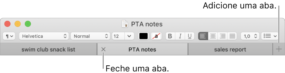 Uma janela do Editor de Texto com três abas na barra de abas, localizada abaixo da barra de formatação. Uma aba mostra o botão Fechar. O botão Adicionar está localizado na extremidade direita da barra de abas.