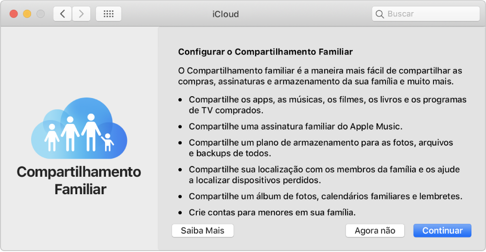 O painel de configuração do Compartilhamento Familiar nas preferências do iCloud.