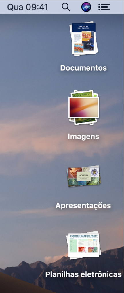Uma mesa do Mac com quatro conjuntos — de documentos, imagens, apresentações e planilhas — ao longo da parte direita da tela.
