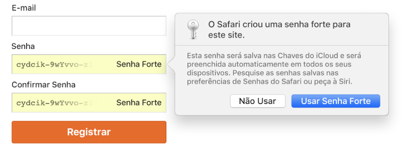 Um alerta do Safari indicando que o Safari criou uma senha forte para um site e a salvou nas Chaves do iCloud.