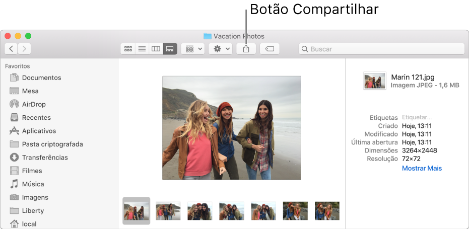 O botão Compartilhar na barra de ferramentas da janela do Finder.