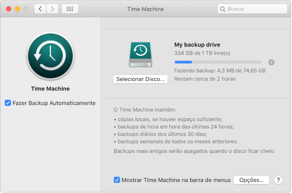 Preferência Time Machine mostrando o progresso de um backup para uma unidade externa.