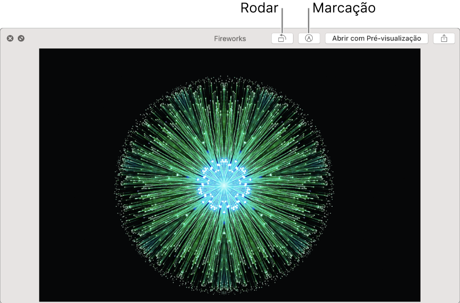 Uma imagem na janela de Vista rápida com botões para rodar ou marcar a imagem, abri-la na aplicação Pré-visualização, ou partilhá-la.