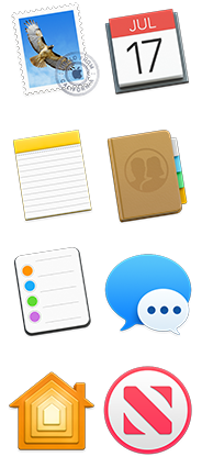 Ícones das aplicações Mail, Calendário, Notas, Contactos, Lembretes, Mensagens, Casa e News