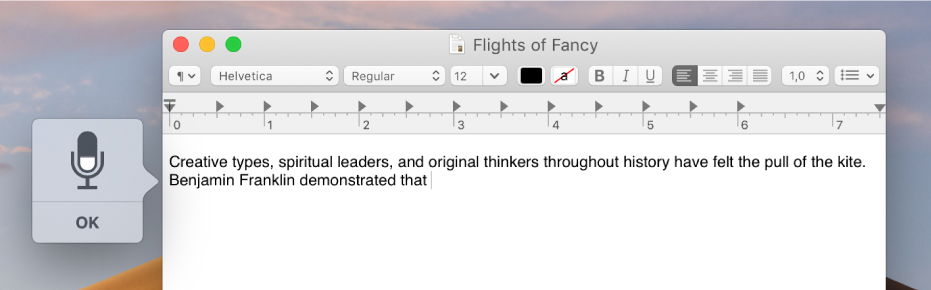 Uma janela de feedback de ditado em conjunto com o texto ditado num documento do Editor de Texto.