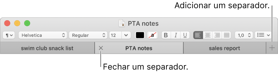 Uma janela do Editor de Texto com três separadores na barra de separadores, situada debaixo da barra de formatação. Um separador apresenta o botão Fechar. O botão Adicionar encontra-se situado na extremidade direita da barra de separadores.