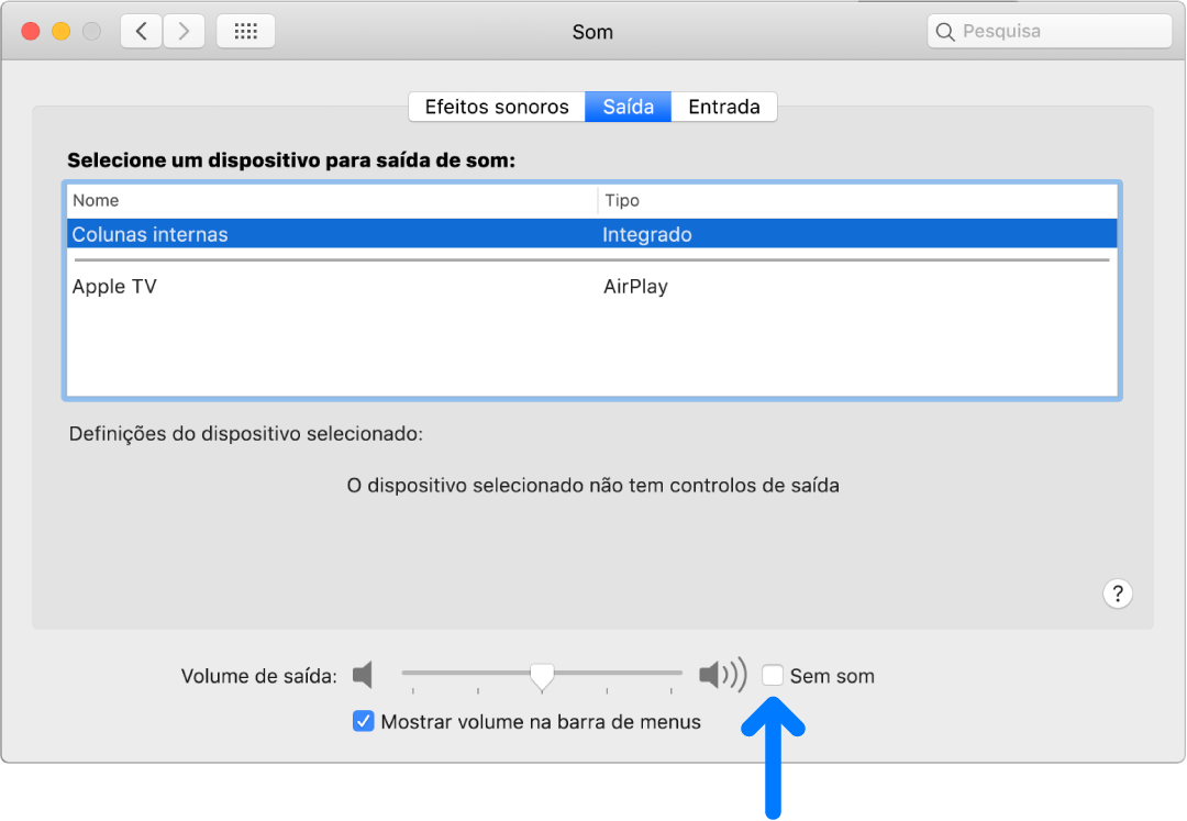 A opção assinalável “Sem som” na parte inferior do painel de preferências Som.