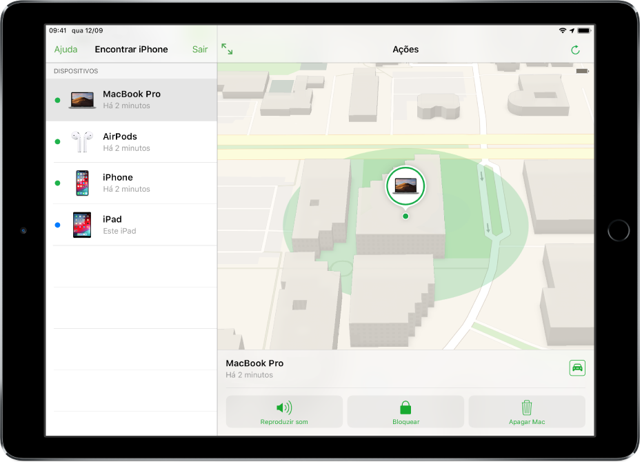 “Encontrar iPhone” num iPad a mostrar a localização de um Mac.