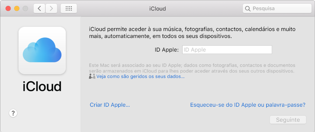 Painel Preferências de iCloud, pronto para a introdução do nome e palavra-passe de um ID Apple