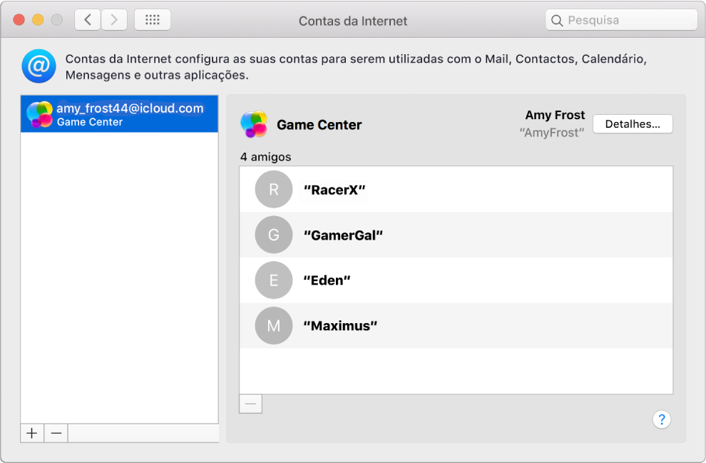 Uma conta do Game Center nas Contas da Internet.
