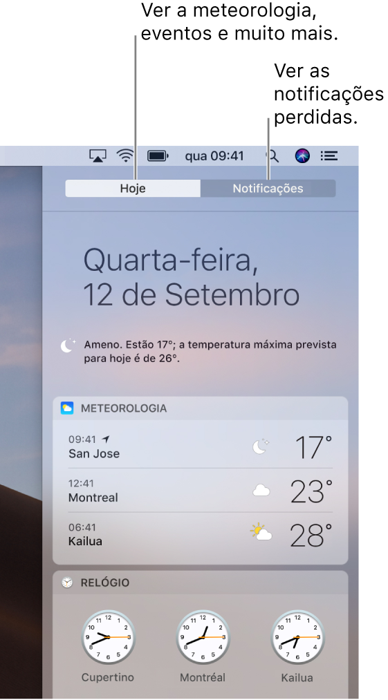 A vista Hoje a apresentar a meteorologia em três locais. Clique no separador Notificações para ver as notificações que estejam pendentes.