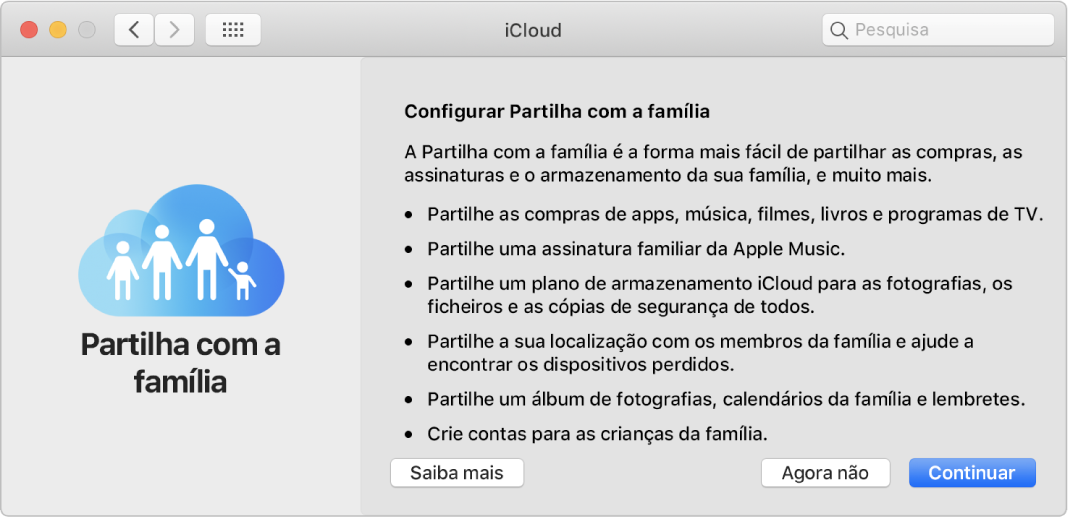 O painel de configuração da “Partilha com a família” nas preferências de iCloud.