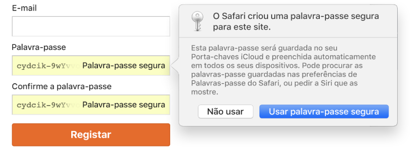 Um aviso do Safari a indicar que este criou uma palavra-passe segura para um website e a guardou no Porta-chaves iCloud.
