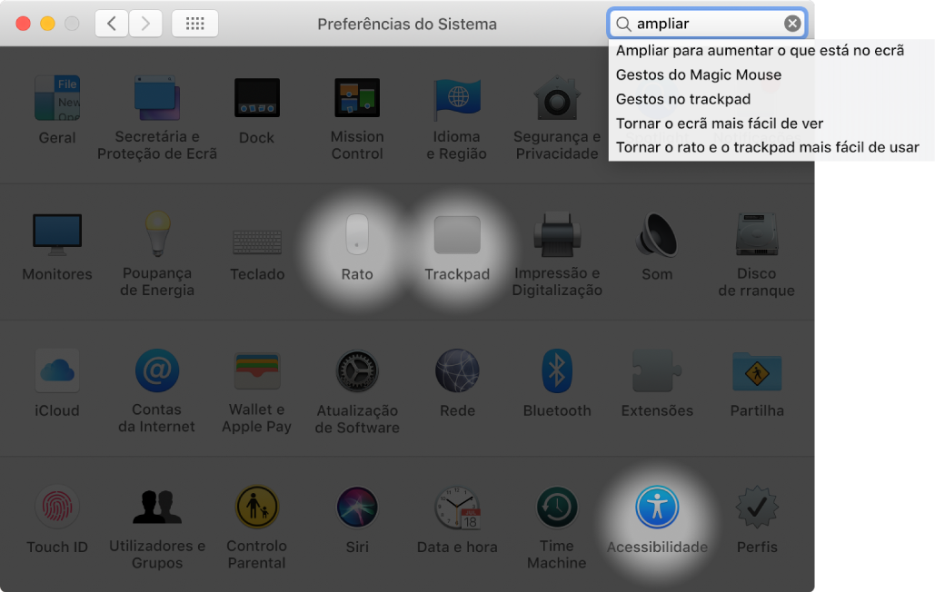 Janela das Preferências do Sistema a mostrar “ampliação” no campo de pesquisa, uma lista de resultados de pesquisa correspondentes por baixo do campo de pesquisa e três ícones de preferências realçados.
