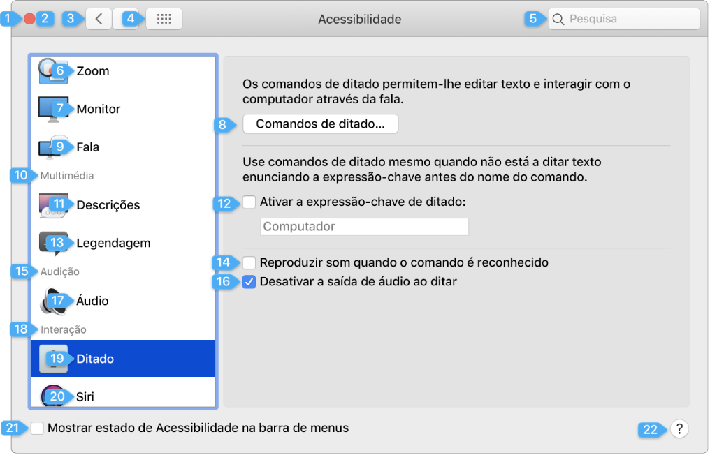 Um painel de preferências a mostrar um número junto a cada elemento de interface com o qual pode interagir.