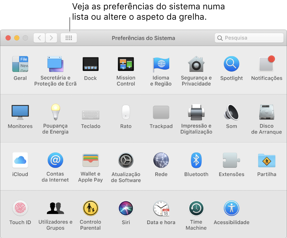 Janela das Preferências do Sistema que mostra a grelha de ícones. Clique no botão “Mostrar tudo” na barra de ferramentas da janela para ver as preferências do sistema como uma lista, ou altere o aspeto da grelha.