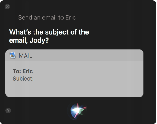 A janela de Siri a mostrar uma mensagem de e-mail a ser ditada.