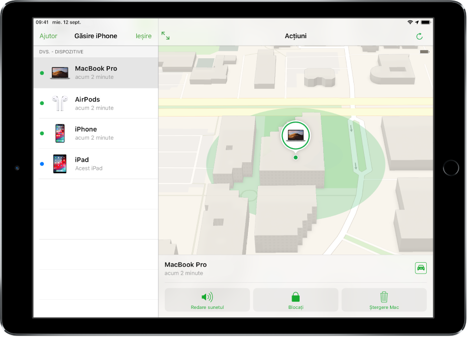Găsire iPhone pe un iPad care arată localizarea unui Mac.