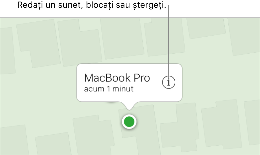 O hartă din Găsire iPhone pe iCloud.com care arată localizarea unui Mac.