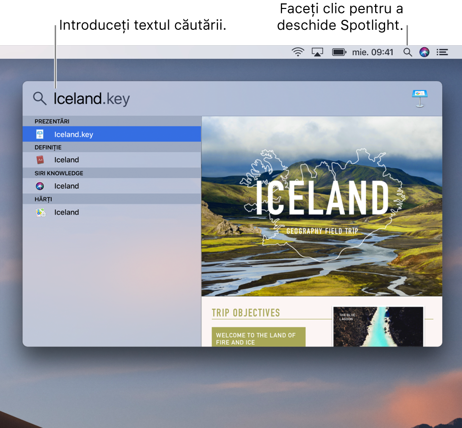 Meniul Spotlight afișând un exemplu de căutare cu rezultatele căutării.