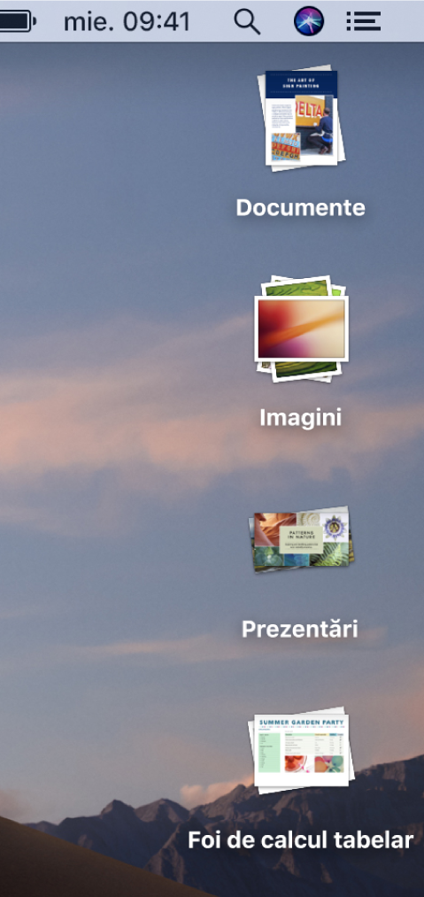 Un desktop Mac cu patru stive – pentru documente, imagini, prezentări și foi de calcul – de-a lungul marginii din dreapta a ecranului.
