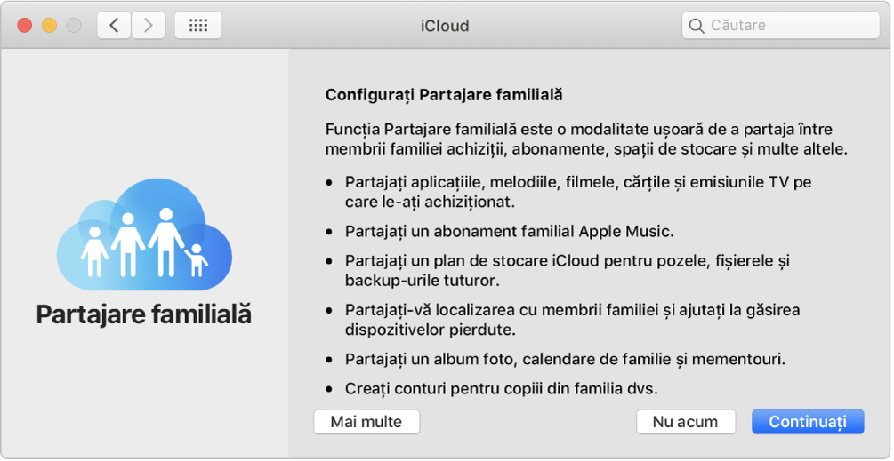 Panoul de configurare Partajare familială în preferințele iCloud.